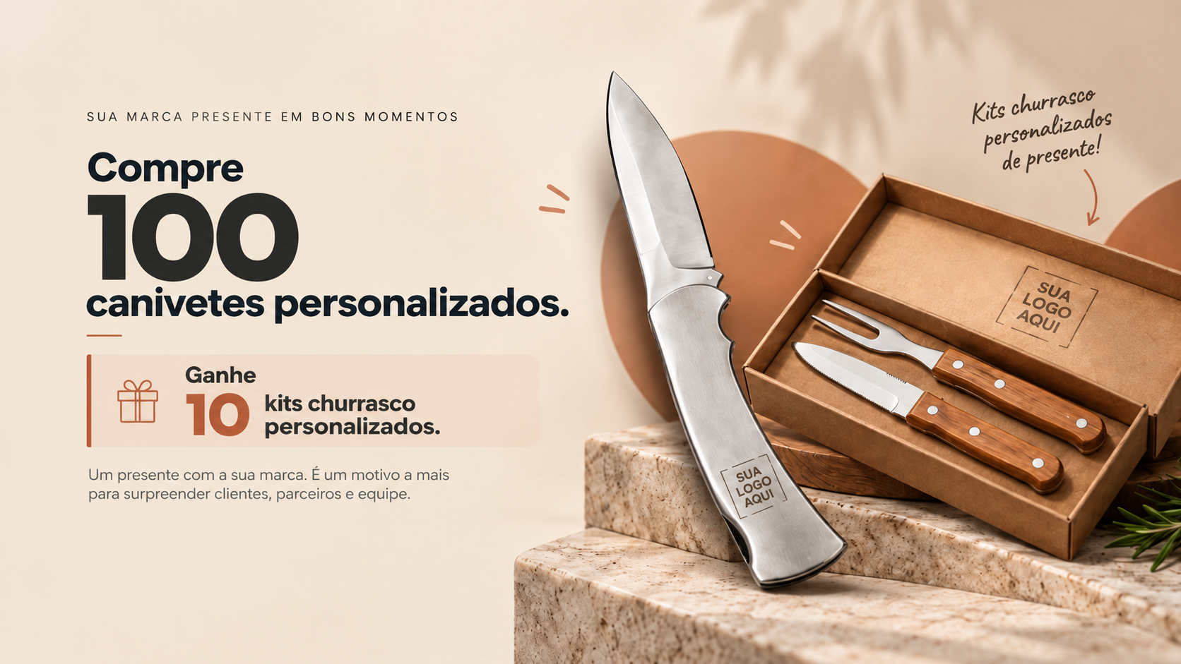 Compre 100 canivetes personalizados e ganhe 10 kits churrasco personalizados
